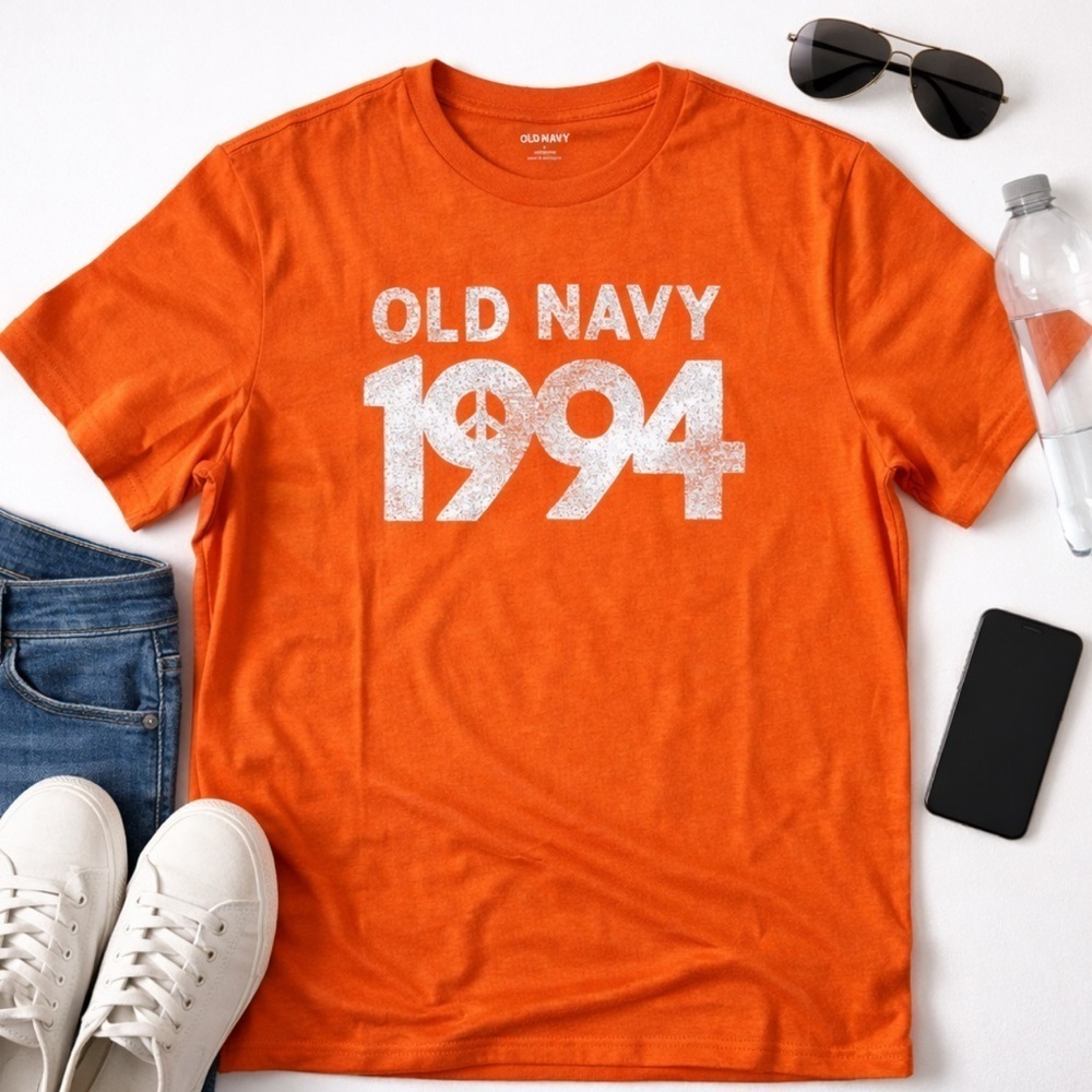 NWT Old Navy Shirt Mens 1994 Peace Sign Graphic Orange Tee Shirt Size Large